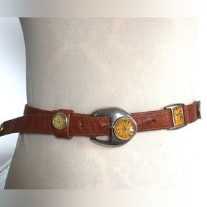 VTG 80s Leather watch theme belt Cognac brown with nickel fittings size 26"-30"